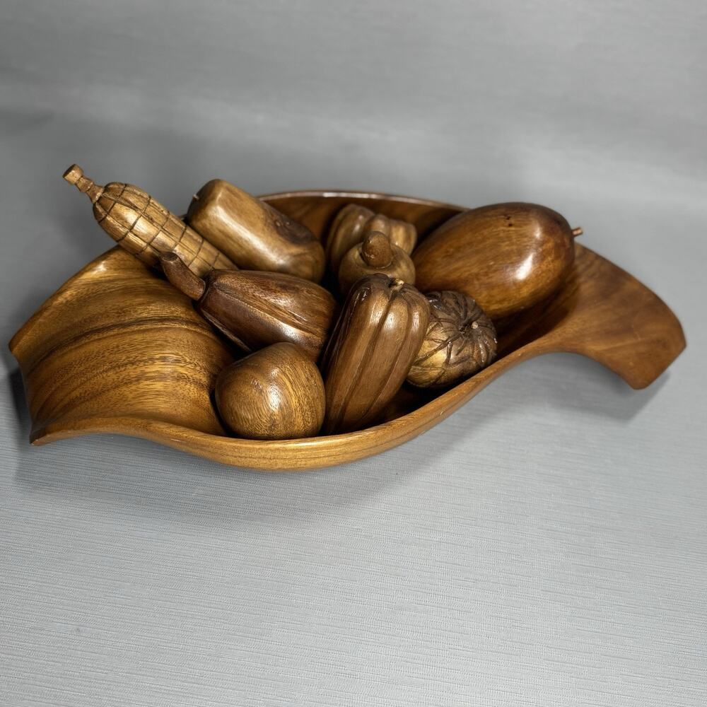 Vintage Retro MCM Carved Bowl Wooden Vegetable Fruit 10 Piece Set Fall Cottage - Picture 6 of 16